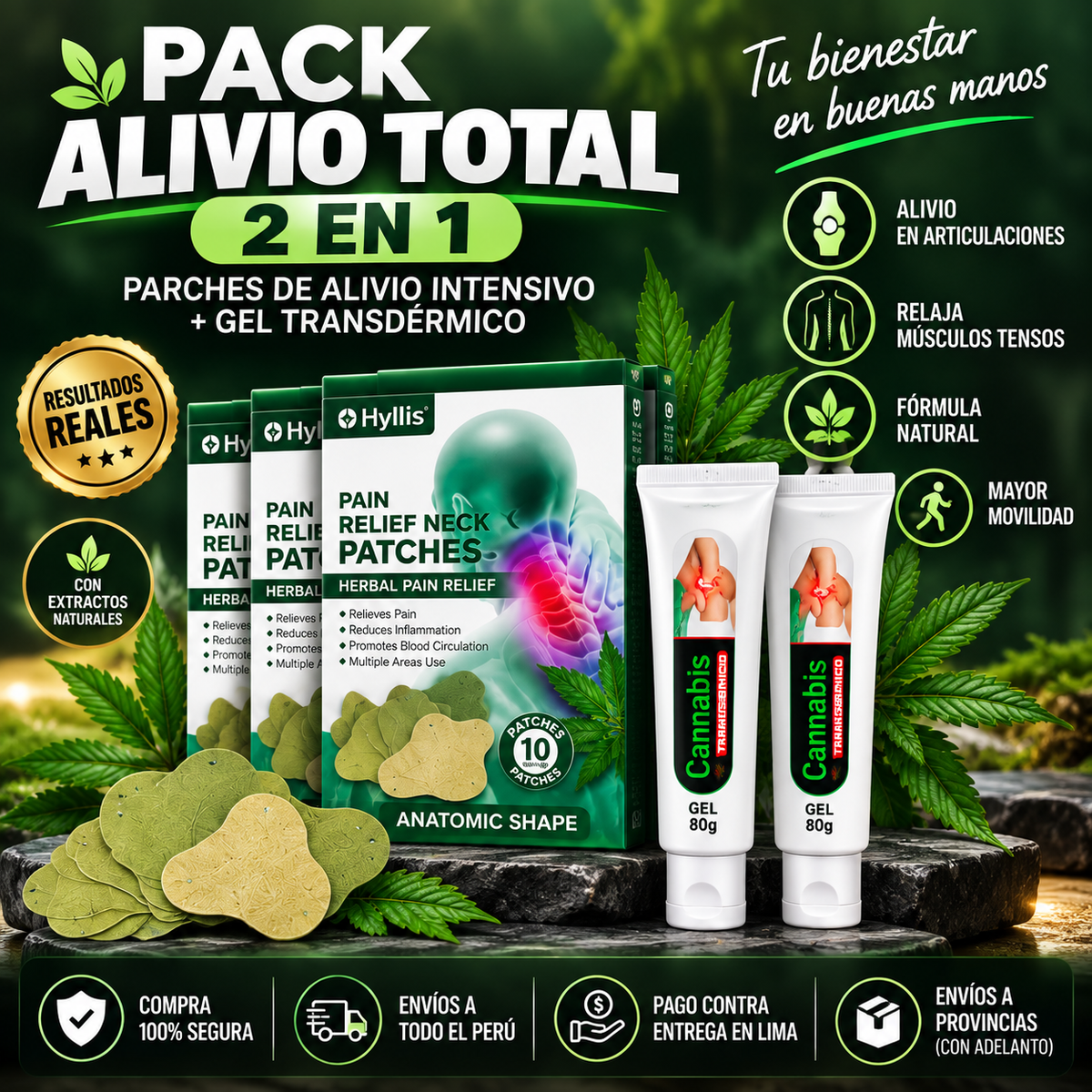 PACK ALIVIO TOTAL 2 EN 1| Parches de Alivio Intensivo + Gel Transdérmico Cannabis Extra Fuerte